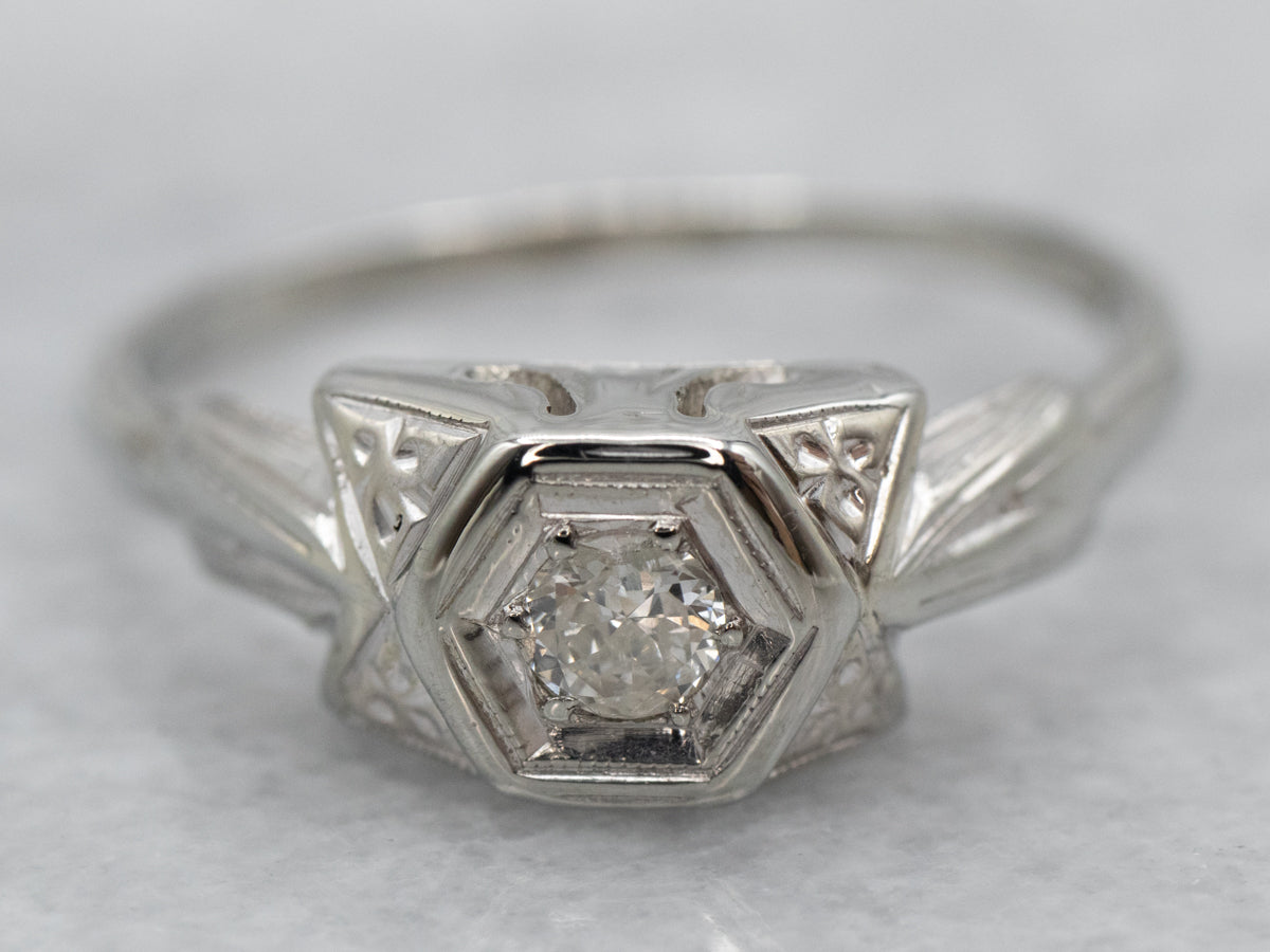 Floral Art Deco Old Mine Cut Diamond Engagement Ring