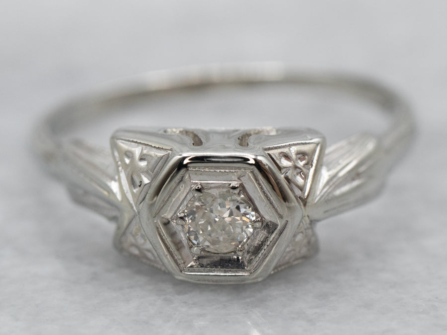Floral Art Deco Old Mine Cut Diamond Engagement Ring