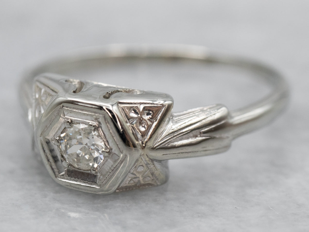 Floral Art Deco Old Mine Cut Diamond Engagement Ring