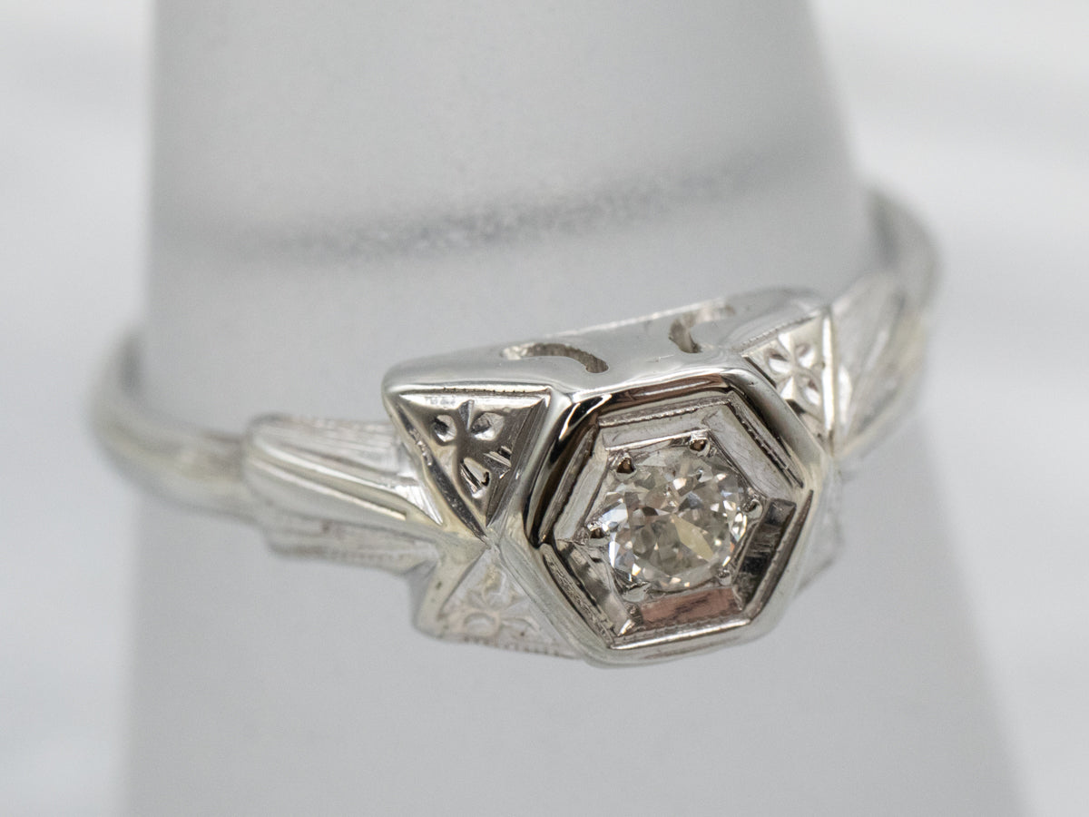 Floral Art Deco Old Mine Cut Diamond Engagement Ring