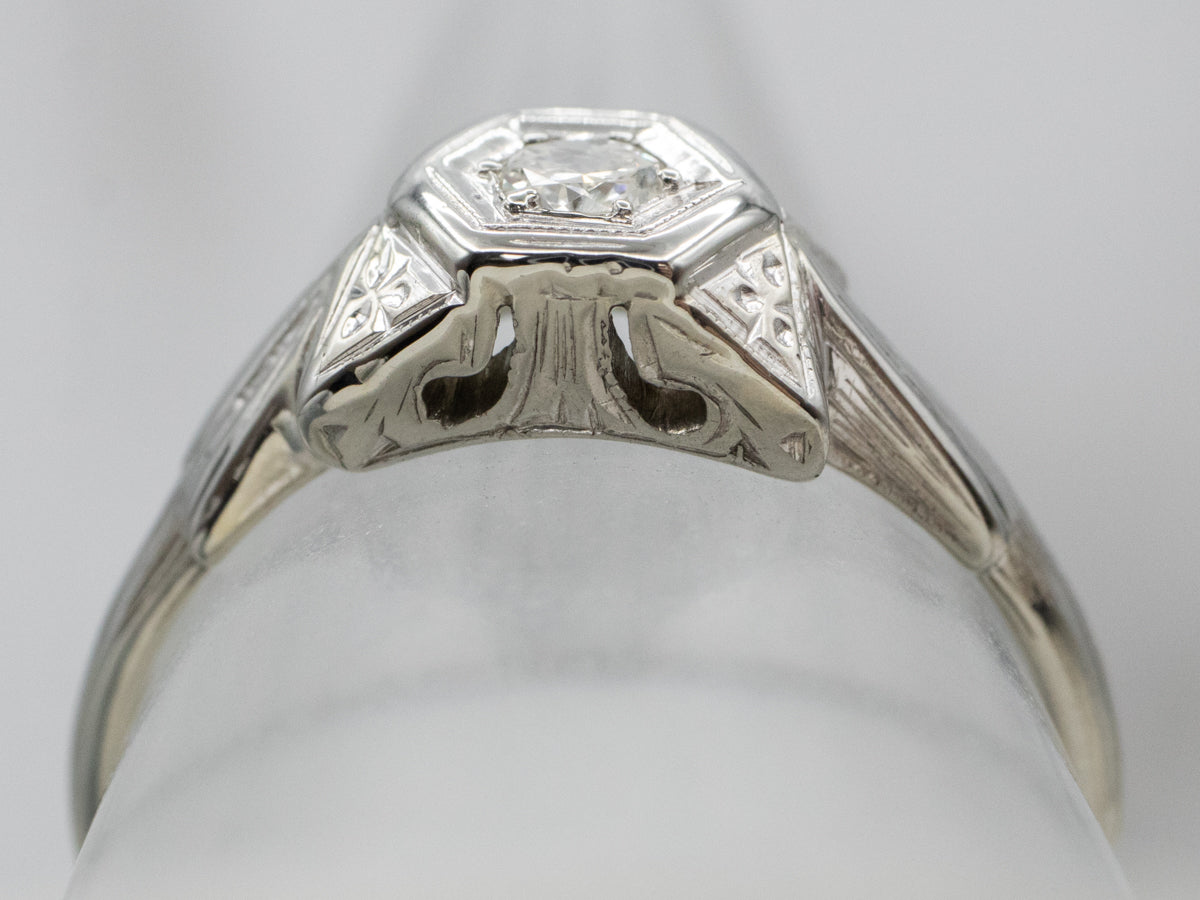 Floral Art Deco Old Mine Cut Diamond Engagement Ring