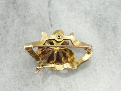 Art Nouveau Frilled Iris Gold Pin with Pearl Center,