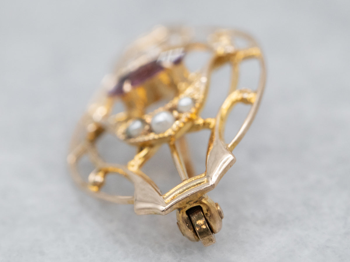 Antique Amethyst Glass Seed Pearl Filigree Brooch