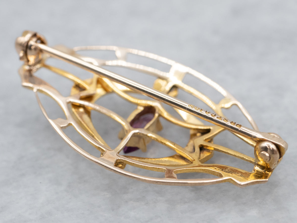 Antique Amethyst Glass Seed Pearl Filigree Brooch