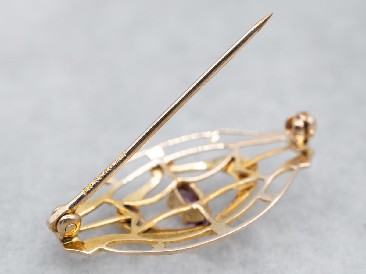 Antique Amethyst Glass Seed Pearl Filigree Brooch