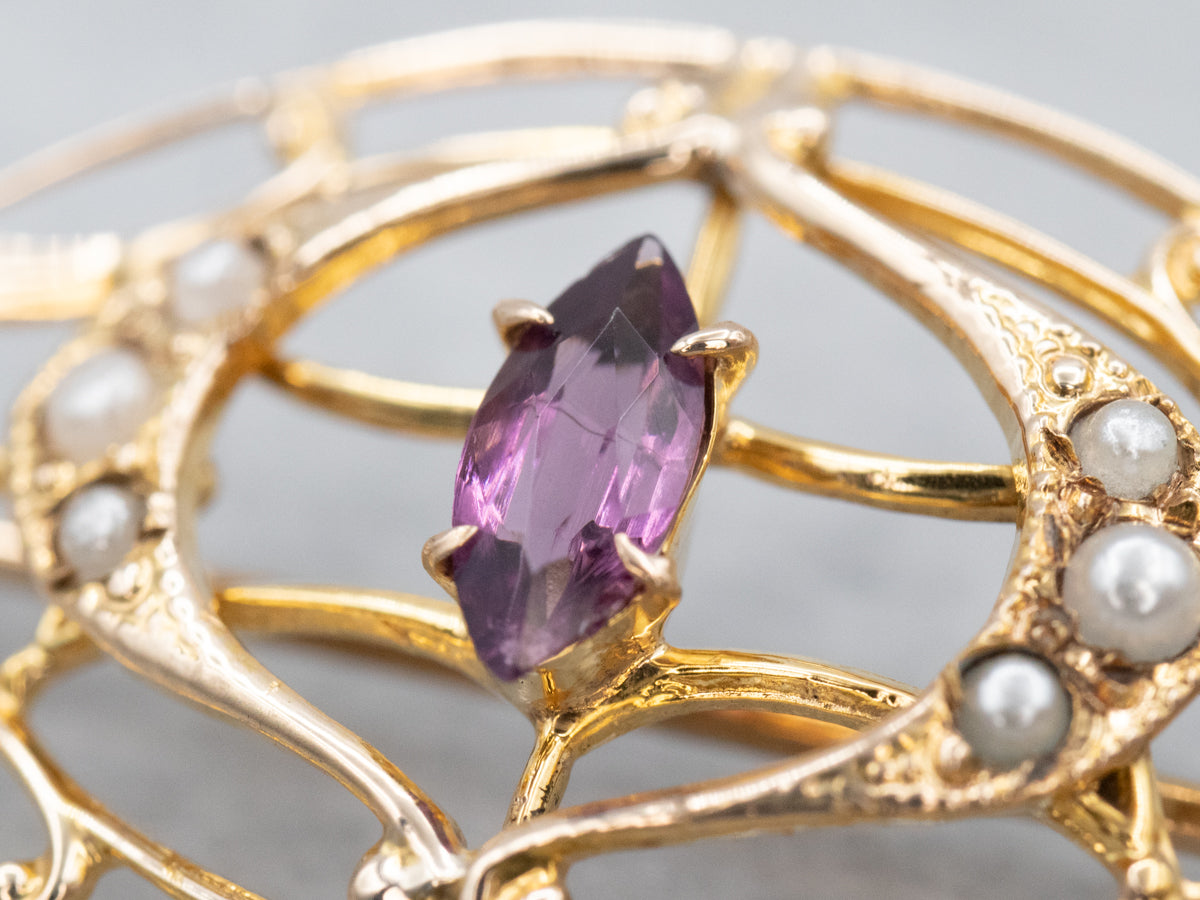 Antique Amethyst Glass Seed Pearl Filigree Brooch