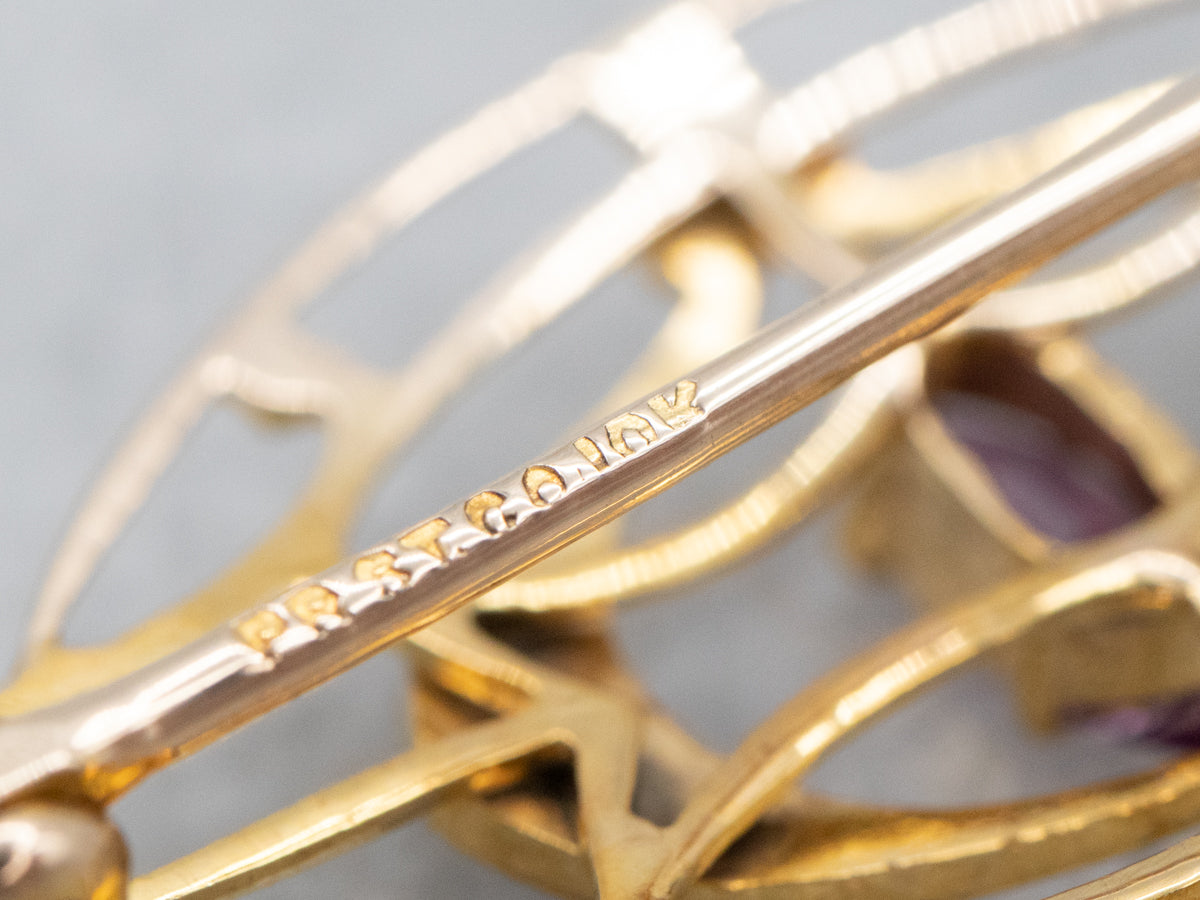 Antique Amethyst Glass Seed Pearl Filigree Brooch