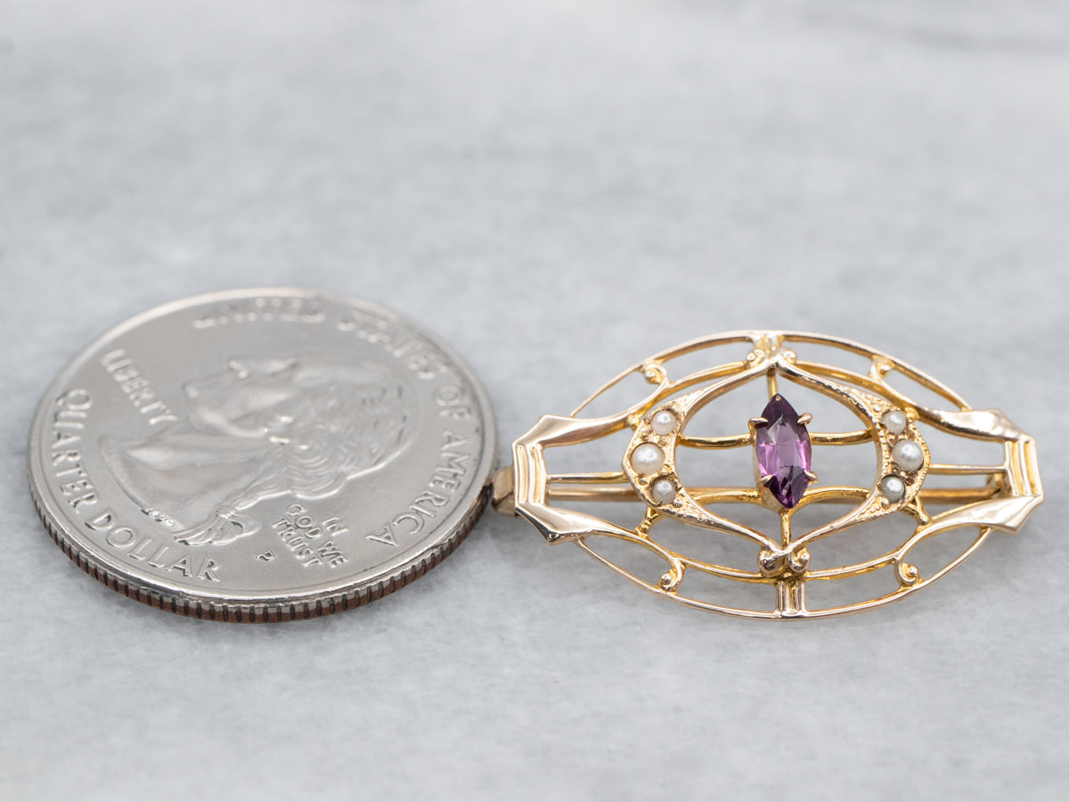 Antique Amethyst Glass Seed Pearl Filigree Brooch