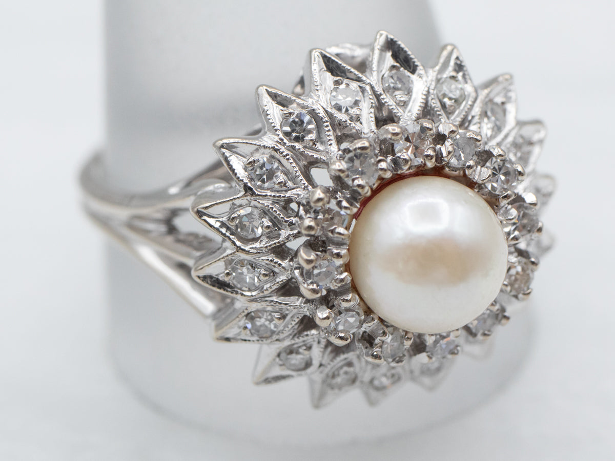 White Pearl and Diamond Cluster Ring