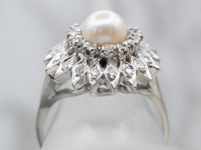 White Pearl and Diamond Cluster Ring