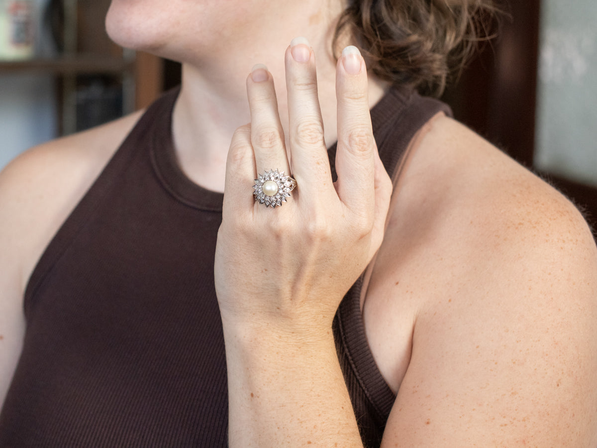 White Pearl and Diamond Cluster Ring