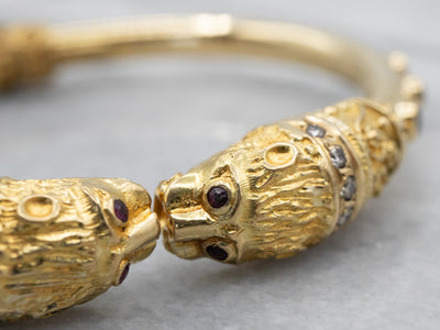 Bold Lion Gemstone Encrusted Gold Cuff Bracelet
