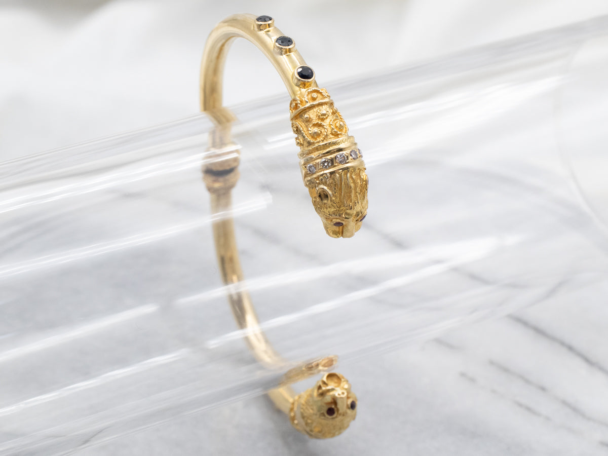 Bold Lion Gemstone Encrusted Gold Cuff Bracelet