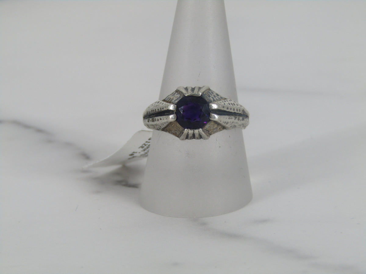 Hammered Finish Silver Ring With Amethyst Center