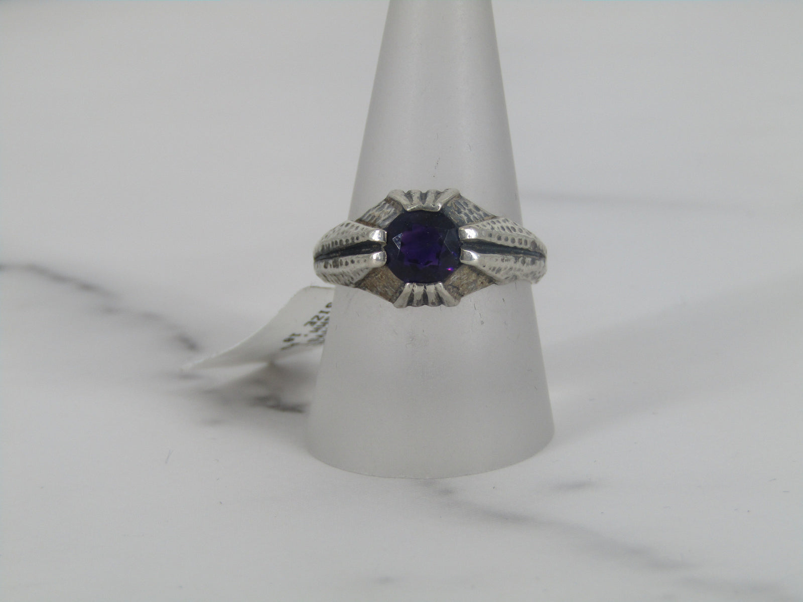 Hammered Finish Silver Ring With Amethyst Center