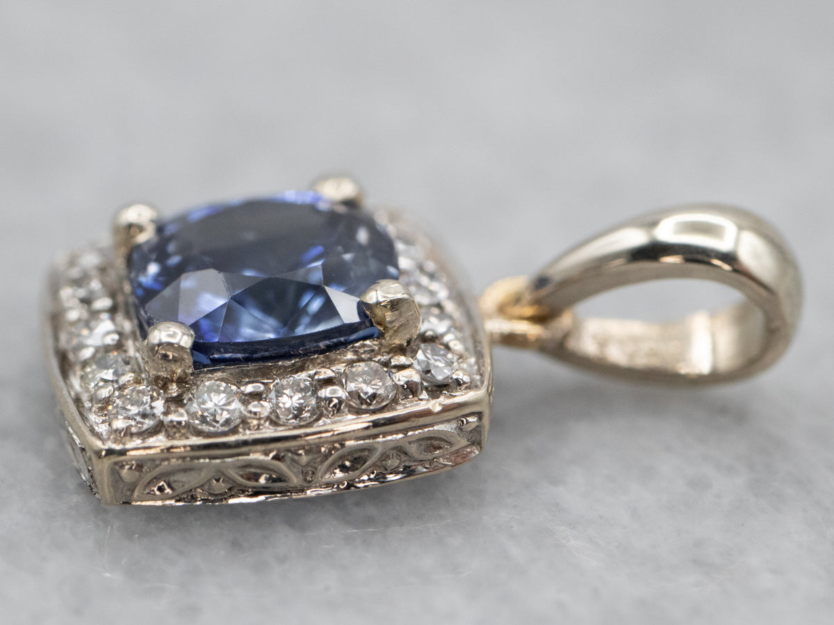 White Gold Sapphire and Diamond Halo Pendant