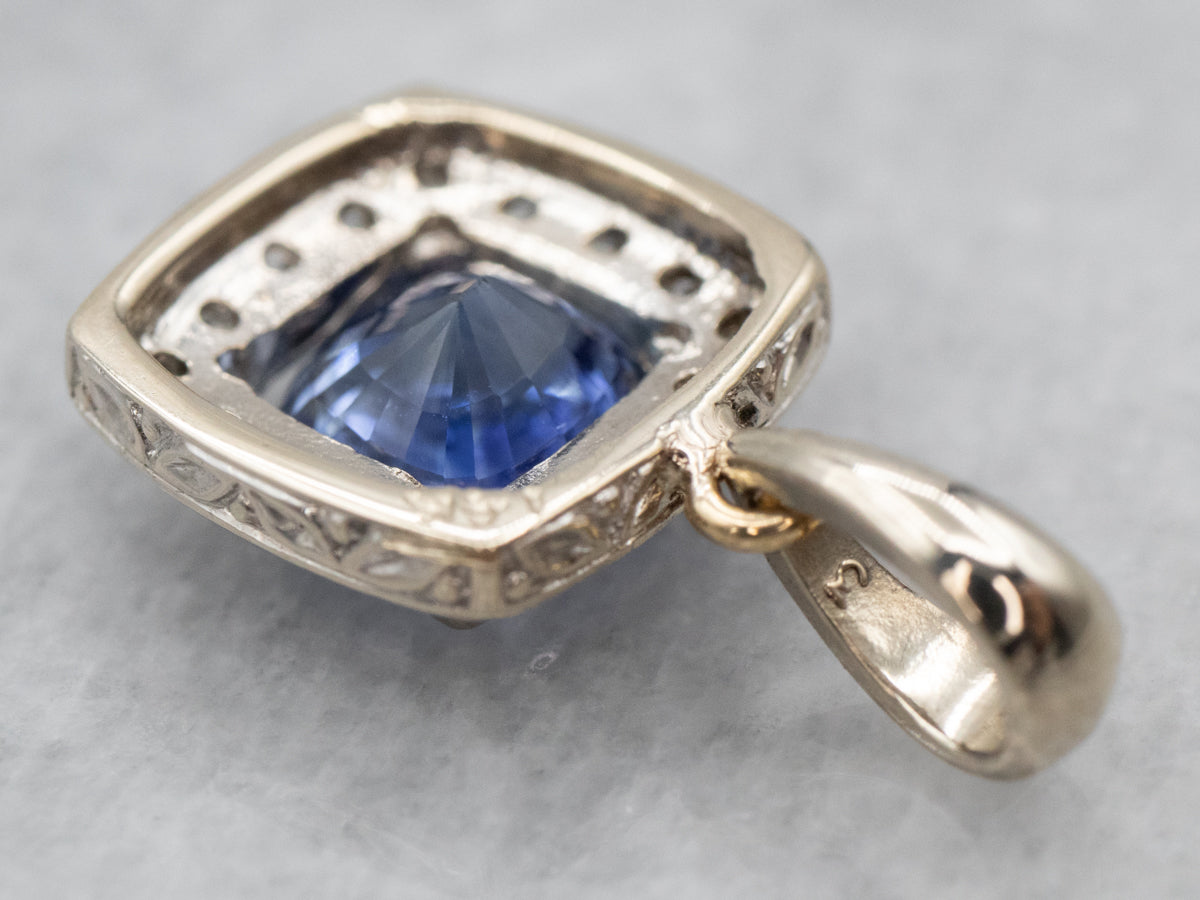 White Gold Sapphire and Diamond Halo Pendant