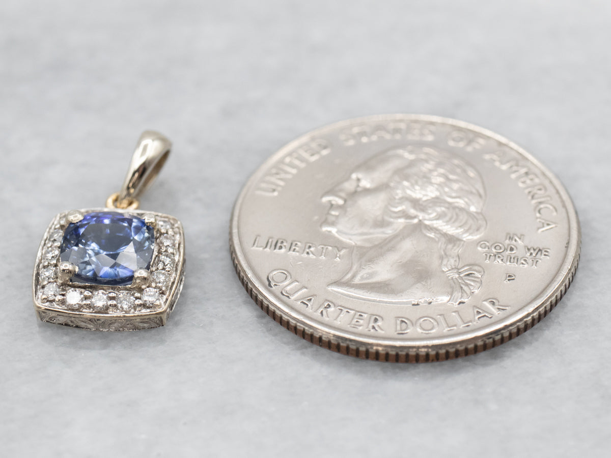 White Gold Sapphire and Diamond Halo Pendant