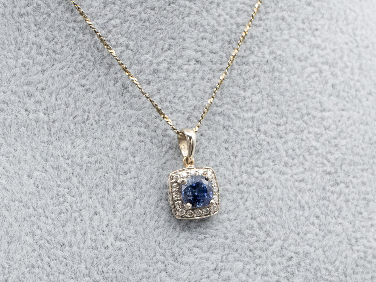 White Gold Sapphire and Diamond Halo Pendant