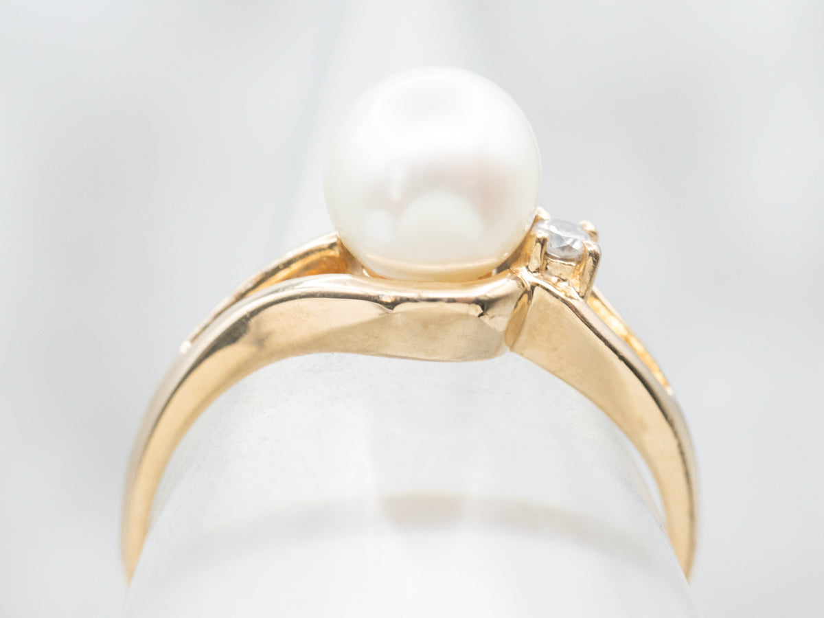 Modernist Gold Pearl and Diamond Ring