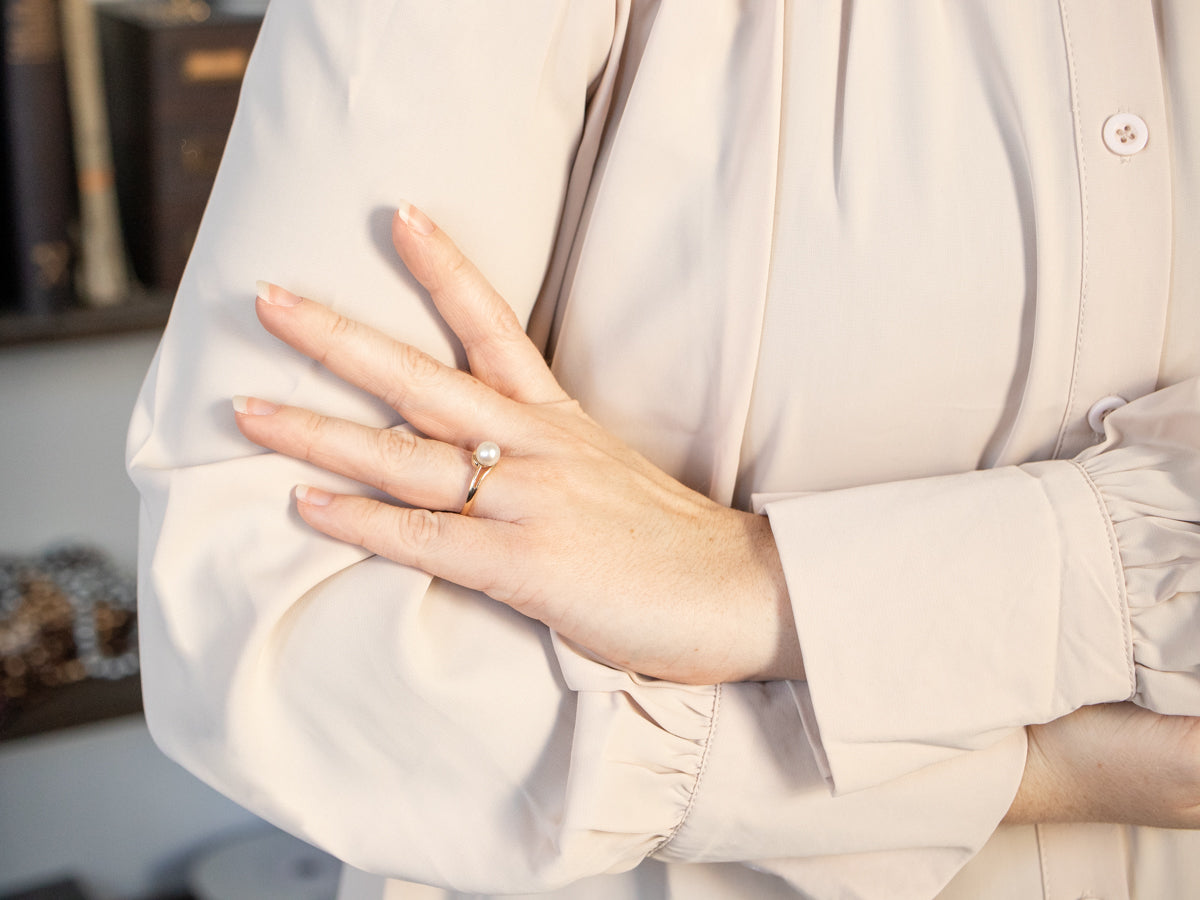 Modernist Gold Pearl and Diamond Ring