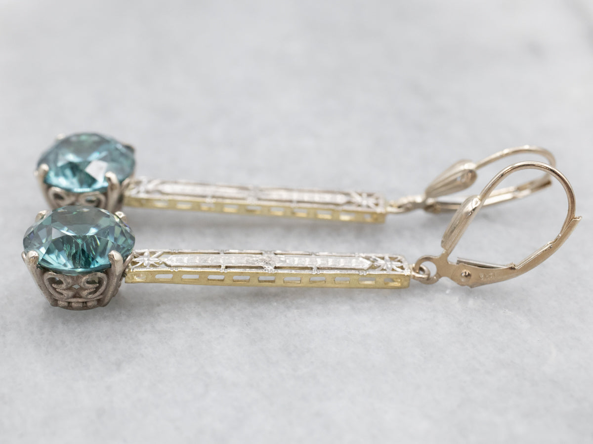 Blue Zircon Engraved Bar Drop Earrings