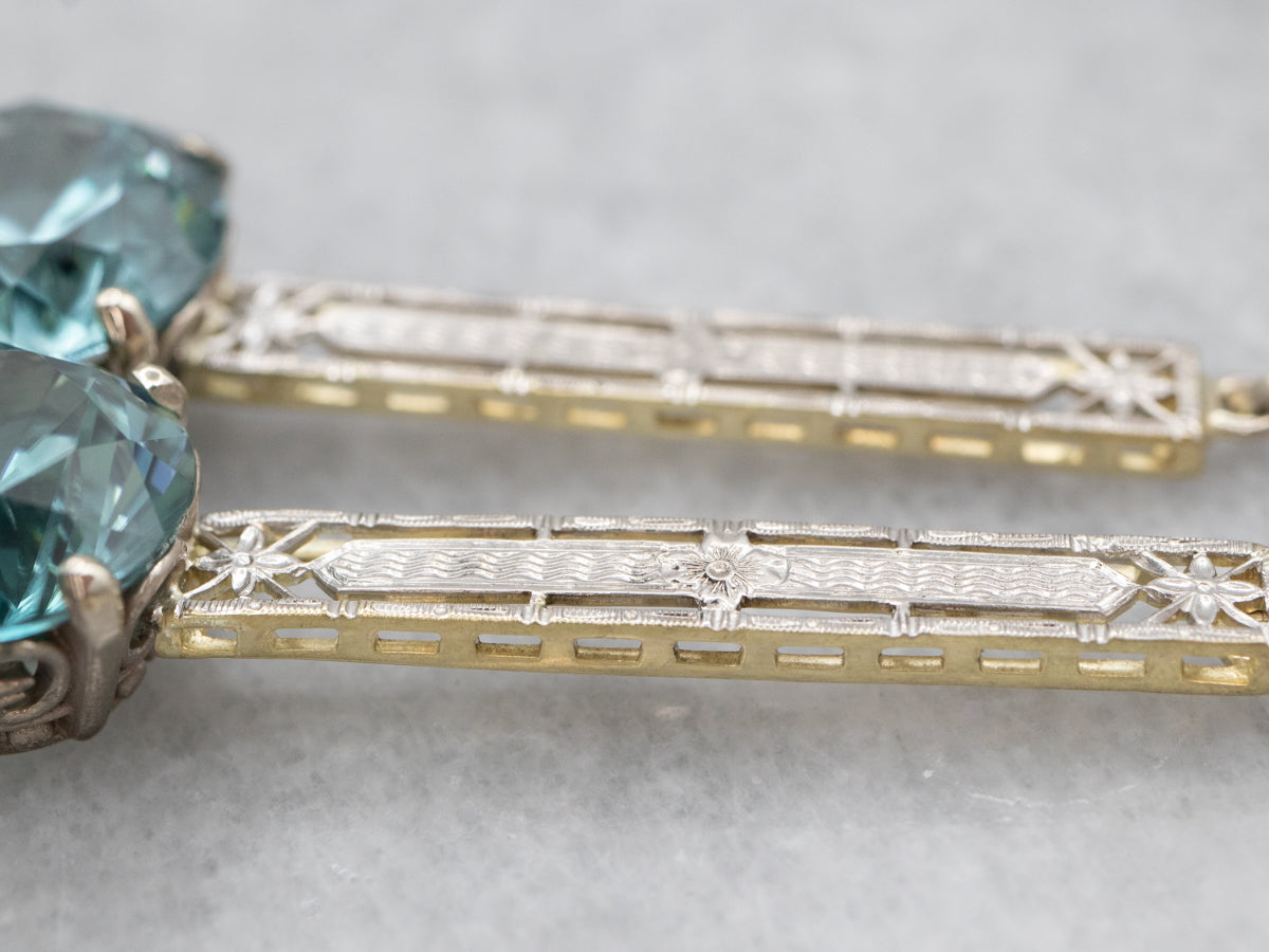Blue Zircon Engraved Bar Drop Earrings