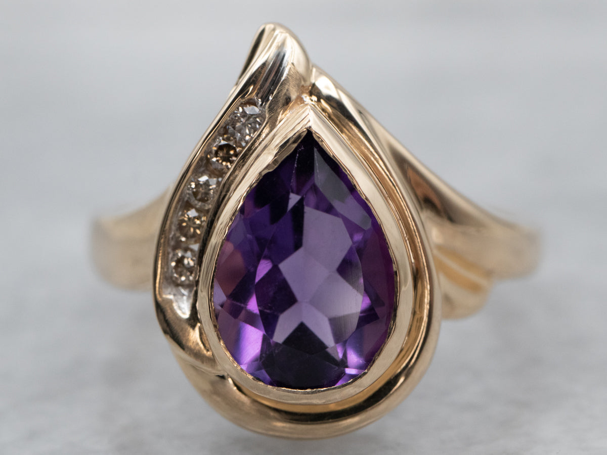 Teardrop Amethyst and Champagne Diamond Ring