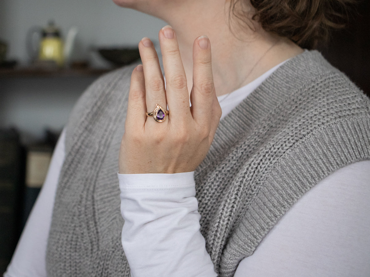 Teardrop Amethyst and Champagne Diamond Ring