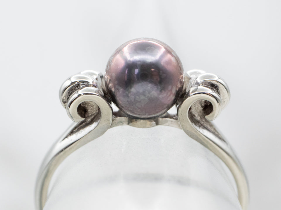 Scrolling Peacock Pearl Solitaire Ring