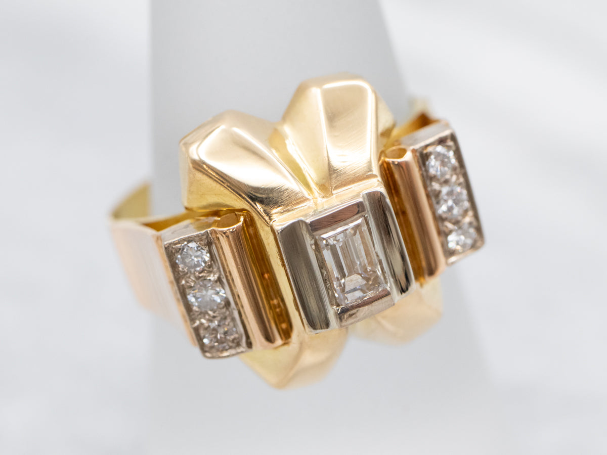 Vintage Diamond Tank Ring in Rose and Yellow Gold