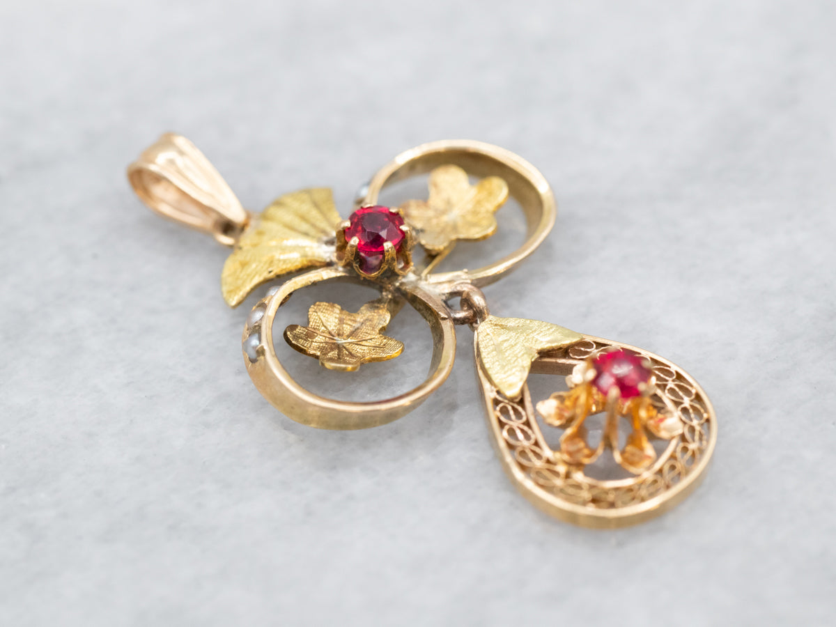 Botanical Antique Ruby Doublet and Seed Pearl Lavalier Pendant