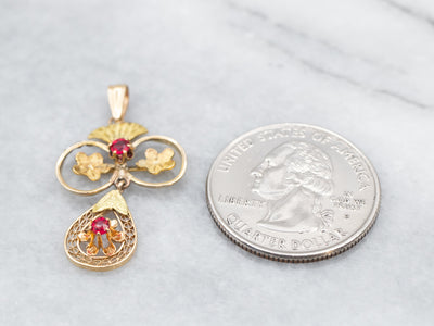 Botanical Antique Ruby Doublet and Seed Pearl Lavalier Pendant