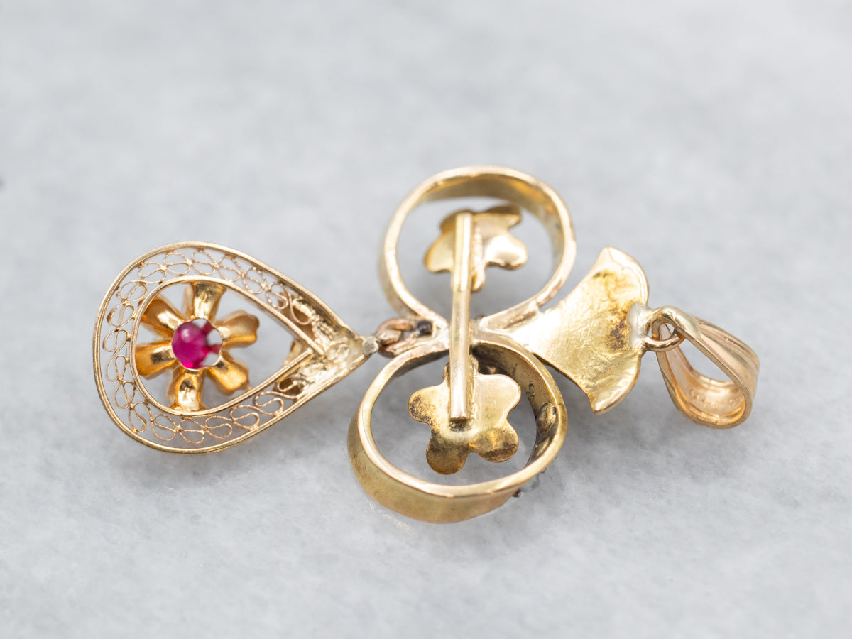 Botanical Antique Ruby Doublet and Seed Pearl Lavalier Pendant