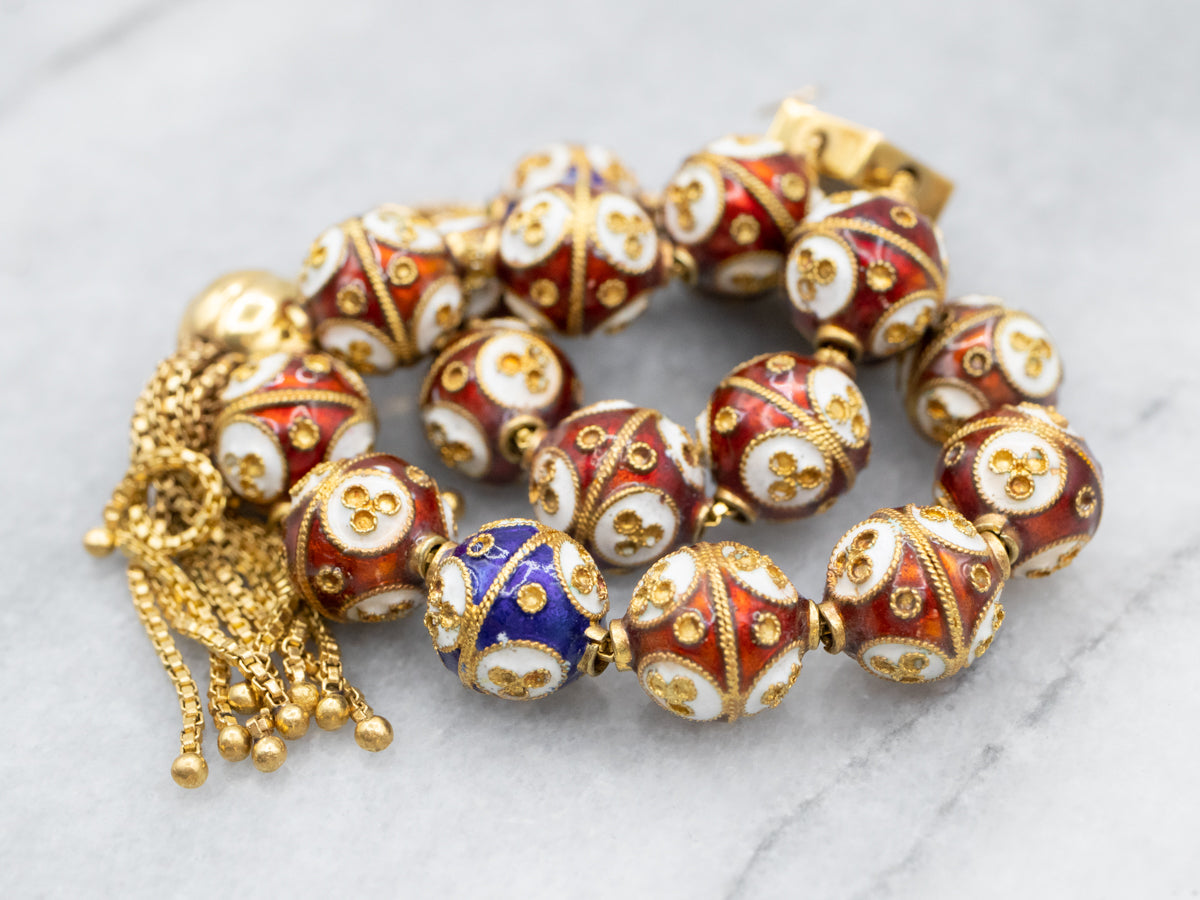 Vintage Cloisonné Beaded Gold Tassel Bracelet