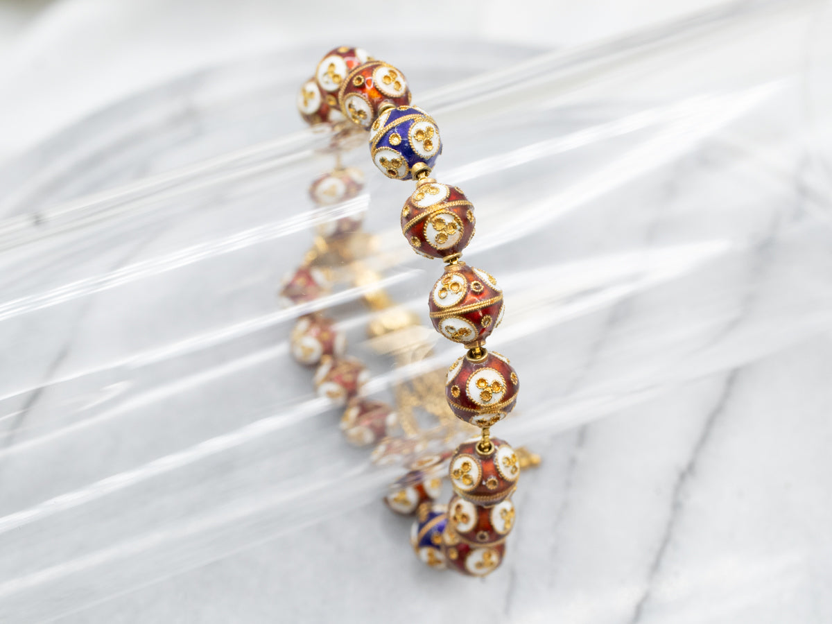 Vintage Cloisonné Beaded Gold Tassel Bracelet