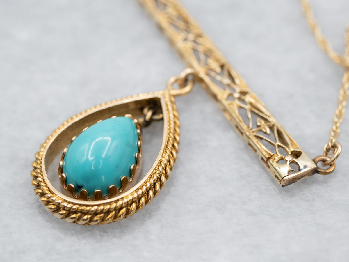 Turquoise and Gold Filigree Drop Necklace