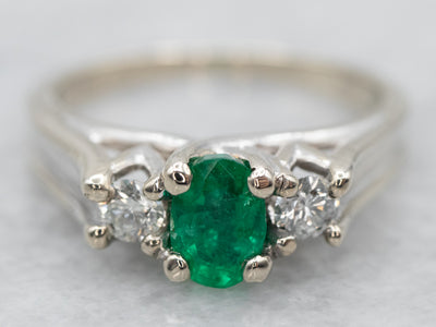 Emerald and Diamond Three Stone Ring