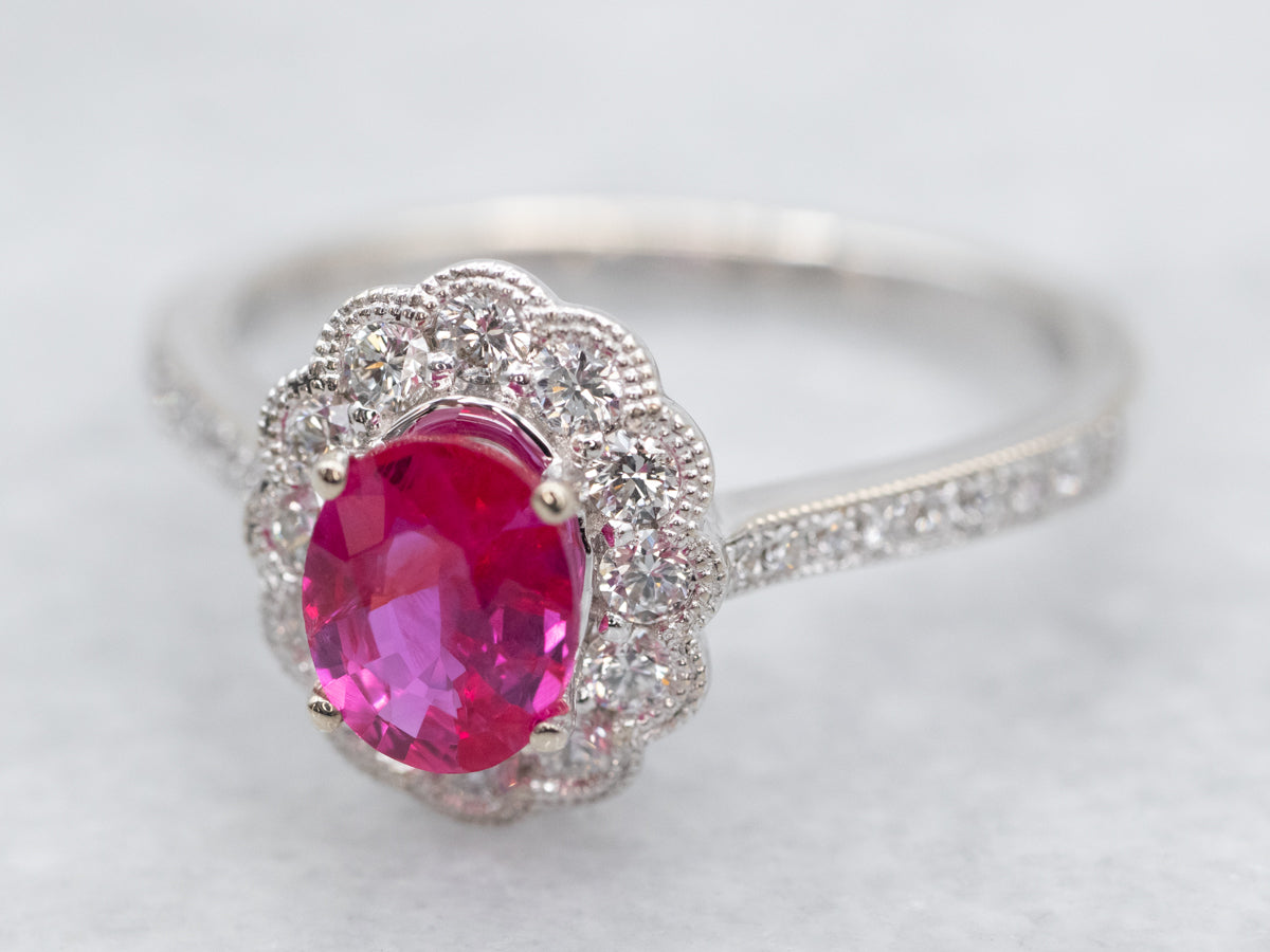 White Gold Ruby and Diamond Halo Ring