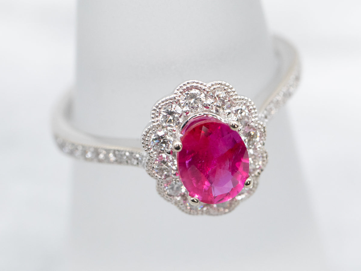 White Gold Ruby and Diamond Halo Ring