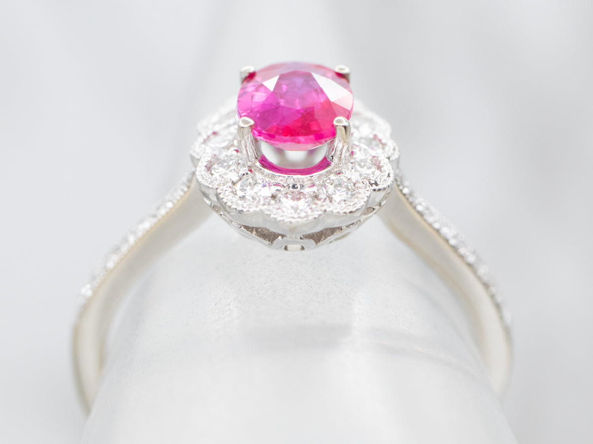 White Gold Ruby and Diamond Halo Ring