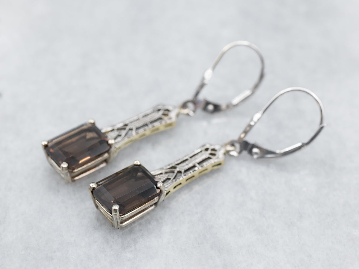 Deco Filigree Smoky Quartz Gemstone Earrings