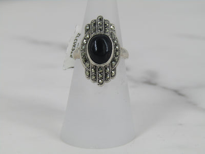 Black Onyx Ring With Surrounding Stripes of Marcasite