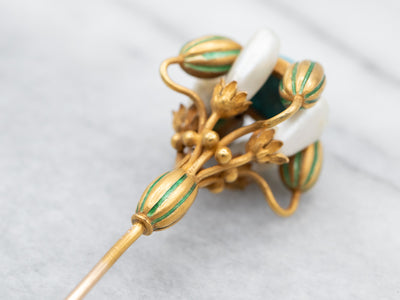 Antique Turquoise Glass Natural Pearl Gold and Enamel Stick Pin