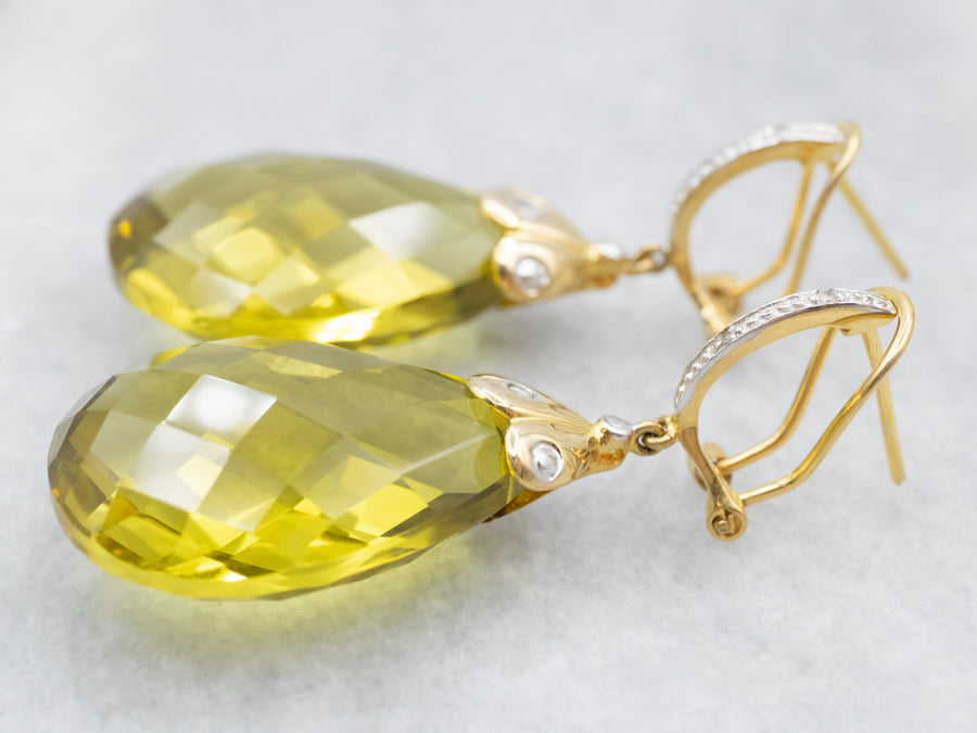 Lemon Quartz and Diamond Drop Earrings
