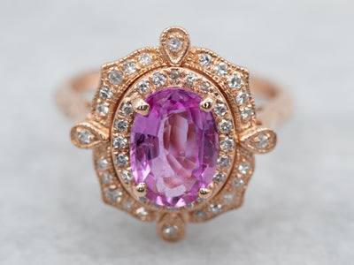 Ornate Pink Sapphire Rose Gold Halo Ring
