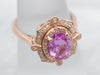 Ornate Pink Sapphire Rose Gold Halo Ring