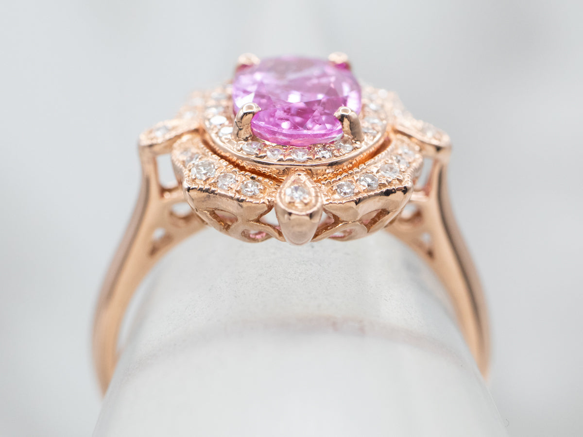 Ornate Pink Sapphire Rose Gold Halo Ring