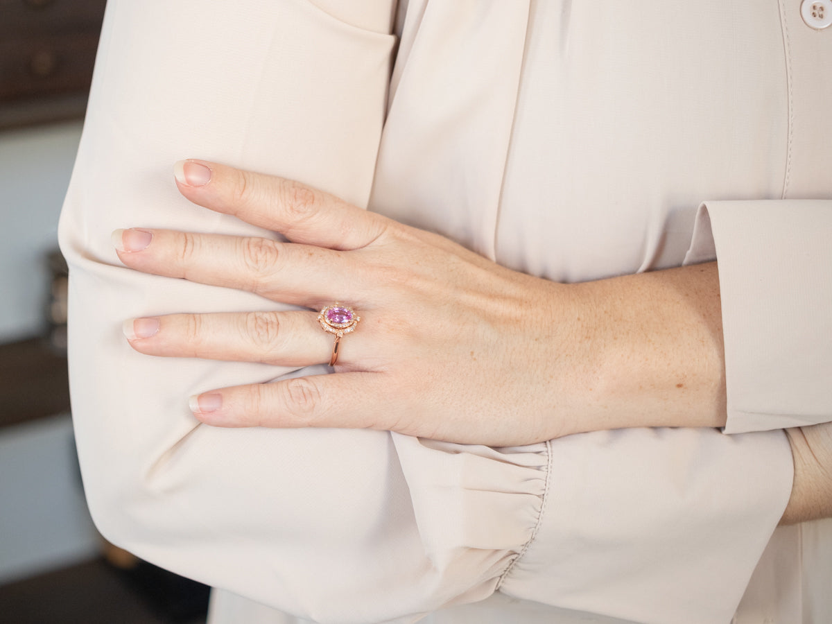 Ornate Pink Sapphire Rose Gold Halo Ring