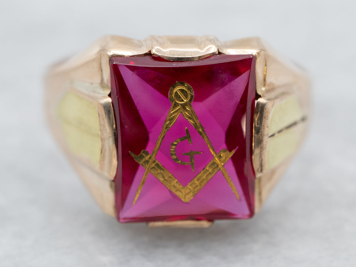 Ostby and Barton Ruby Glass Masonic Ring